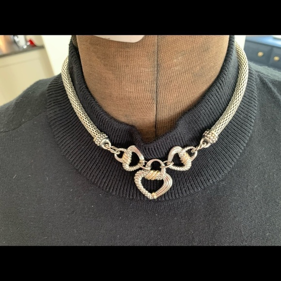Heart necklace magnetic closure silver tone mesh choker chain 3 locking hearts - Picture 5 of 8